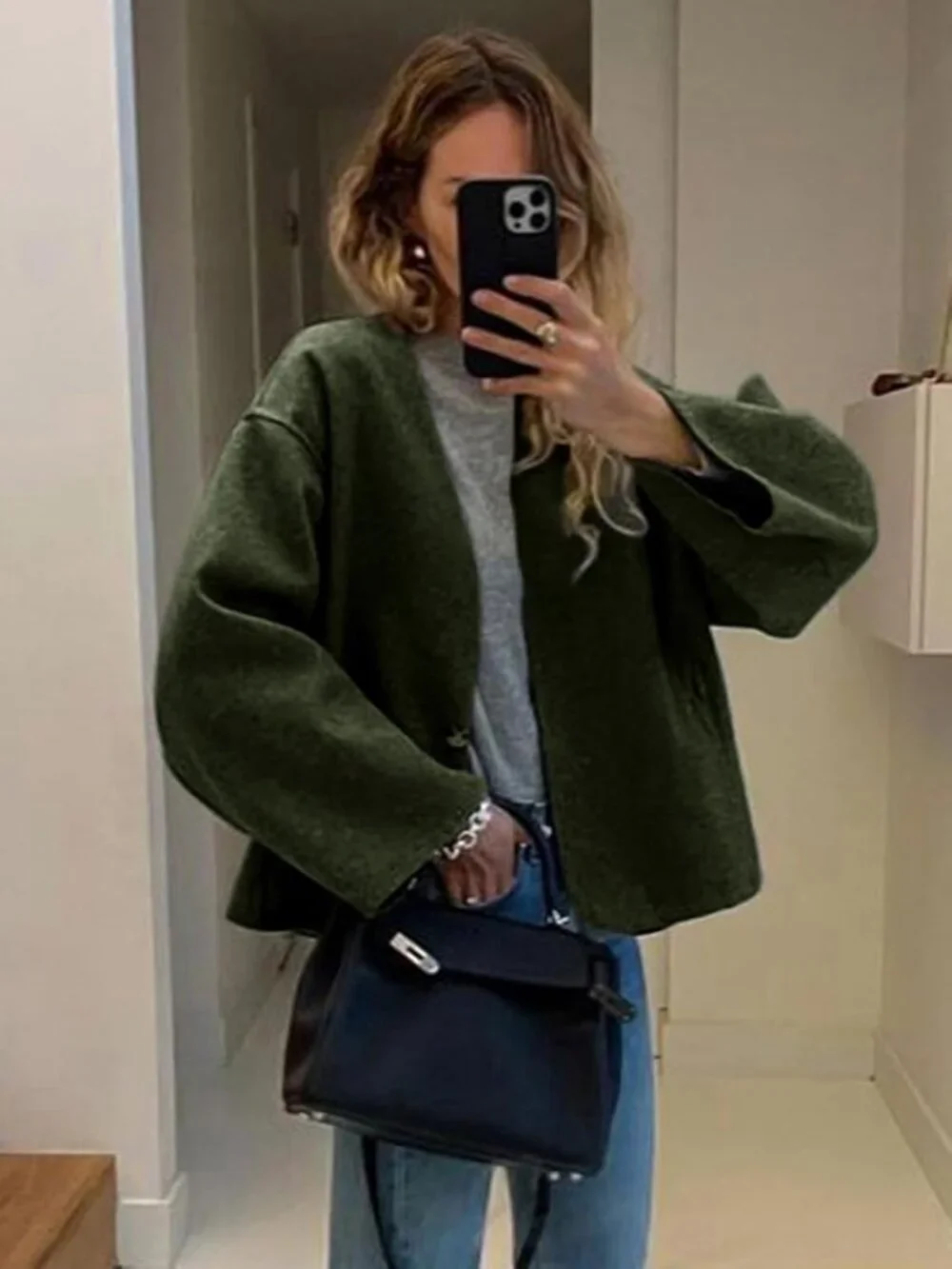 Women's Olive Wool Blend Cropped Collarless Long Sleeve Short Fall Pea Overcoat